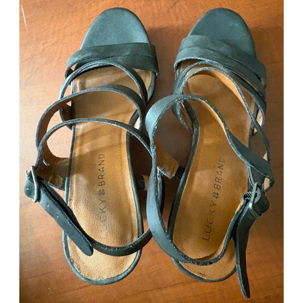 Lucky Brand Larinaa Black Leather Strappy Wood Platform Wedge Sandals 8.5M - Picture 5 of 7